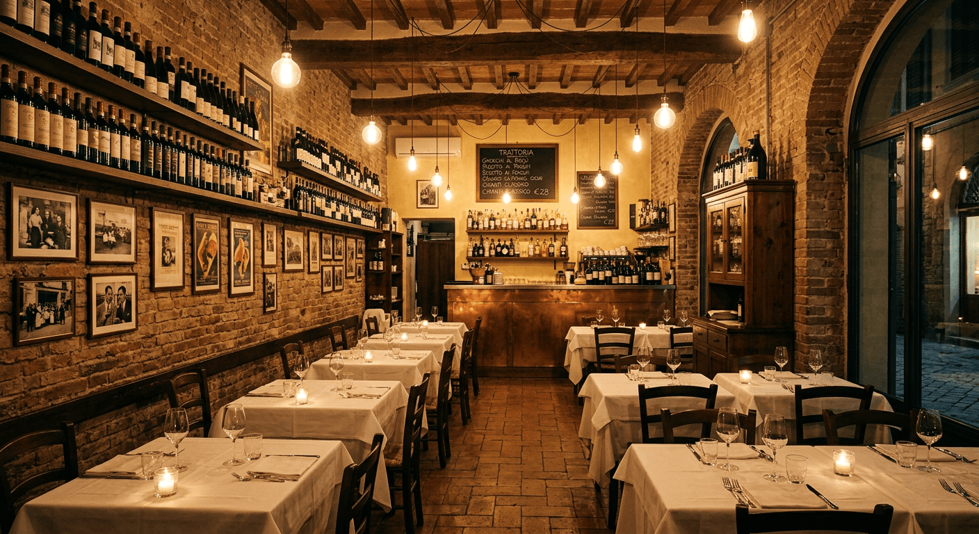 Warm restaurant interior with candlelit tables and rustic Italian decor