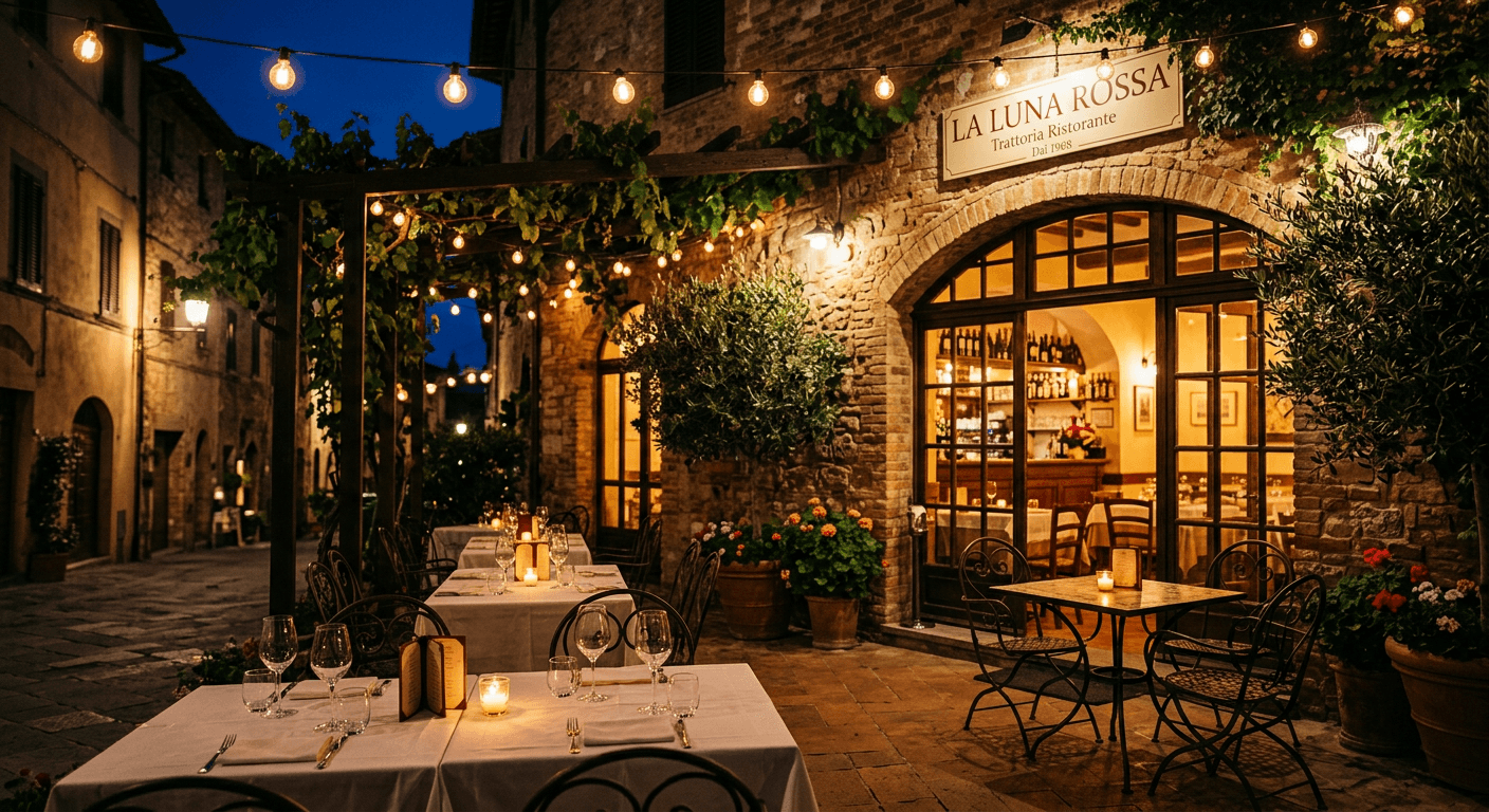 Restaurant patio at night with warm string lights and outdoor seating