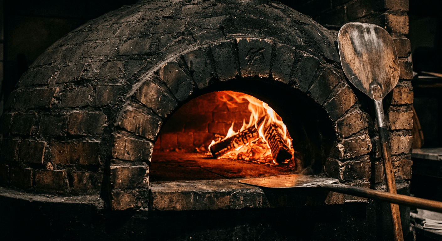 Wood-fired pizza oven with dancing flames heating Neapolitan pizza