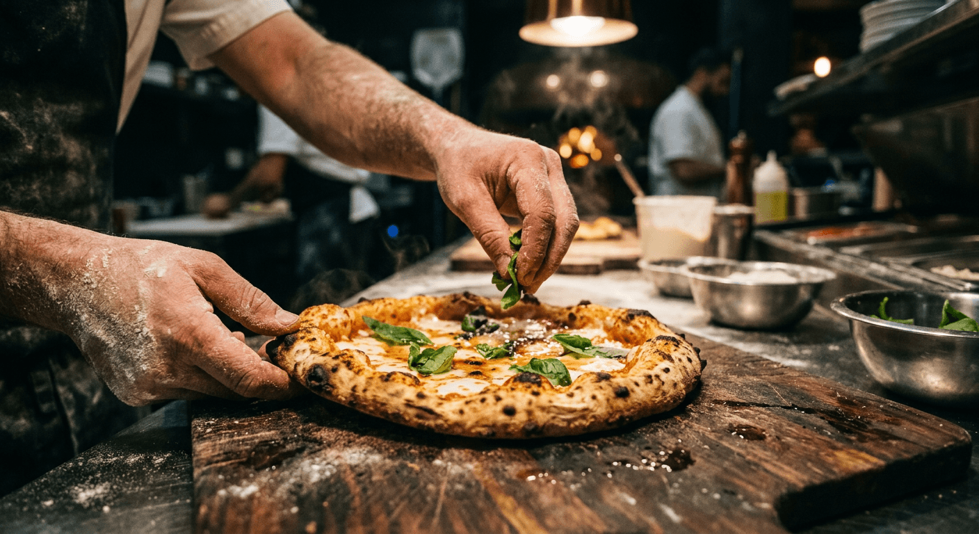 Chef finishing a fresh pizza with basil and olive oil