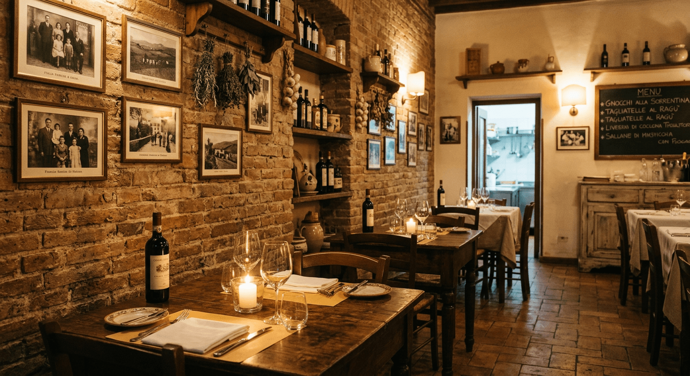Warm interior of Bella Vita Pizza — candlelit tables and rustic Italian decor
